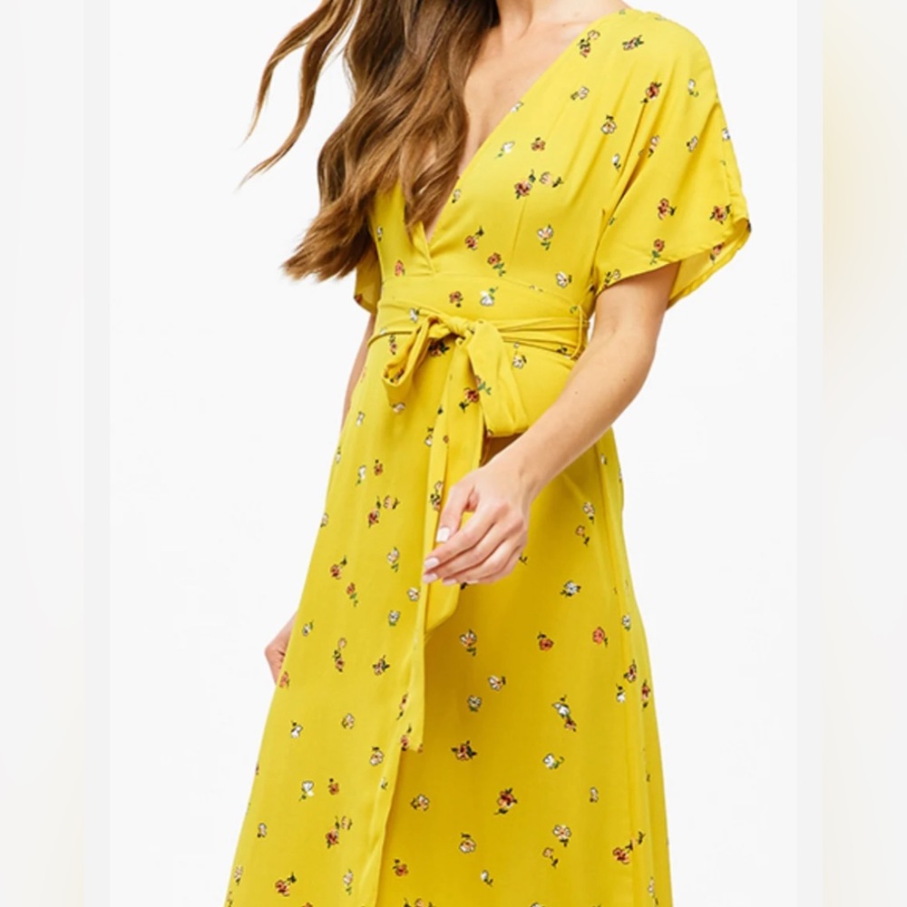 FOREVER 21 YELLOW FLORAL V NECK DRESS FAUX WRAP MAXI, SZ MEDIUM